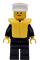 A police minifigure with a white hat, wearing a life jacket, zipper with badge, and black legs - cop030