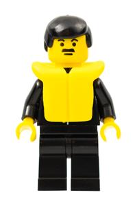 Police Sheriff Minifigure - Police officer with black male hair, wearing a suit with a sheriff star, black legs, and a life jacket - cop032