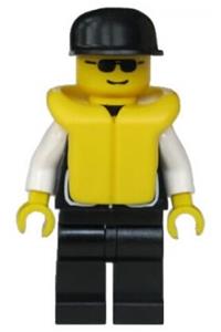 Police Sheriff Minifigure - Police with sheriff star and 2 pockets, black legs, white arms, black cap, and life jacket - cop033