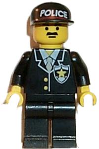 Police Sheriff Minifigure - Minifigure wearing a police suit with sheriff star, black cap with police pattern, and black legs - cop034