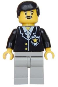 Police Sheriff Minifigure - Minifigure wearing police suit with sheriff star, light gray legs, and black male hair - cop035