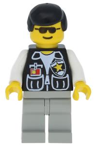 Police Sheriff Minifigure - Police sheriff with sheriff star and 2 pockets, light gray legs, white arms, and black male hair - cop037