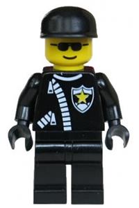 Police Officer Minifigure - Police minifigure wearing a black cap with black sunglasses and a zipper with a sheriff star - cop041