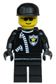 Police minifigure wearing a black cap with black sunglasses and a zipper with a sheriff star - cop041