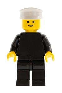 Police Officer Minifigure - Police minifigure with torso sticker featuring 4 buttons, badge, and collar, wearing black legs and a white hat - cop042
