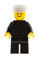 Police minifigure with torso sticker featuring 4 buttons, badge, and collar, wearing black legs and a white hat - cop042