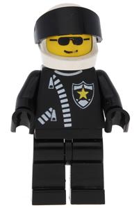 Police Officer Minifigure - Police minifigure with a white helmet featuring a police pattern, black visor, and sunglasses attached to a zipper with a sheriff star - cop043
