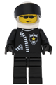 Police minifigure with a white helmet featuring a police pattern, black visor, and sunglasses attached to a zipper with a sheriff star - cop043
