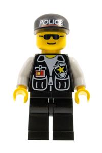 Police Sheriff Minifigure - Sheriff police minifigure with white arms, black legs, black cap with police pattern, and black sunglasses - cop044