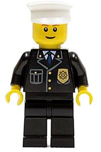 Police Officer Minifigure - City police officer in a white helmet with a trans-black visor, wearing a city suit with a blue tie and badge, black legs, and scowl - cop045