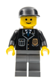 Police minifigure in a City suit with blue tie and badge, dark bluish gray legs, and a black cap - cop048