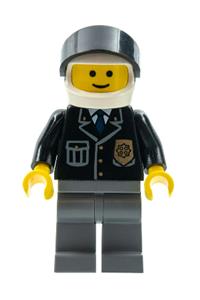 Police - City Suit with Blue Tie and Badge, Dark Bluish Gray Legs, White Helmet, Black Visor cop049