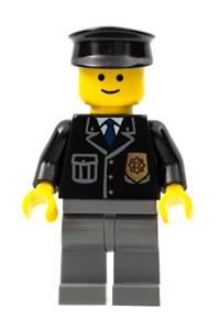 Police Officer Minifigure - Police officer in a city suit with blue tie and badge, wearing dark bluish gray legs and a black hat - cop050