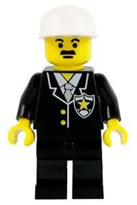Police Sheriff Minifigure - Police minifigure wearing a suit with sheriff star, black legs, and a white cap - cop051