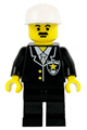 Police minifigure wearing a suit with sheriff star, black legs, and a white cap - cop051