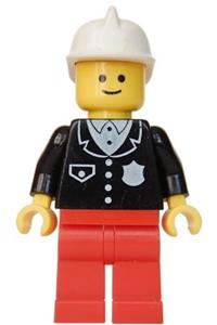 Police Officer Minifigure - Police officer in a suit with 4 buttons, red legs, and wearing a white fire helmet - cop052