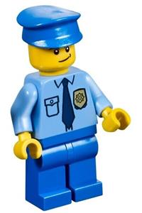 Police Officer Minifigure - Police minifigure wearing a City shirt with a dark blue tie and gold badge, blue legs, blue police hat, and scowl - cop054