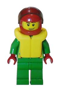 Speedboat Racer Minifigure - Minifigure wearing a green jacket with pockets, sporting a smirk and stubble beard, and equipped with a life jacket - cty0001