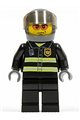 Firefighter with reflective stripes, black legs, dark bluish gray helmet, and a trans-black visor - cty0003