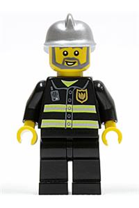 Firefighter Minifigure - Firefighter with reflective stripes, wearing black legs, a silver fire helmet, and a gray beard - cty0004