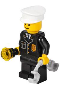 Police Officer Minifigure - Police officer in a city suit with blue tie and badge, black legs, white hat, black eyebrows, and a thin grin - cty0005a