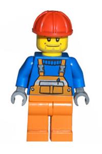 Overalls with Safety Stripe Orange, Orange Legs, Red Construction Helmet, Straight Smile cty0011