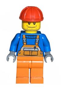 Worker Minifigure - Minifigure with orange legs wearing overalls with safety stripe, red construction helmet, and sporting a straight smile - cty0011