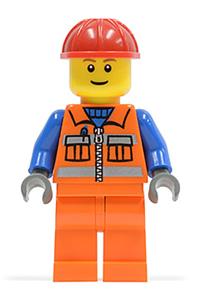 Construction Worker Minifigure - Construction Worker - Orange Zipper, Safety Stripes, Blue Arms, Orange Legs, Red Construction Helmet - cty0014