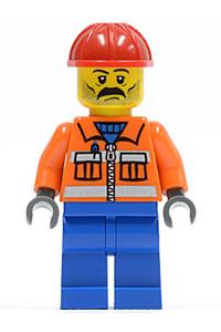 Street Sweeper Sal Minifigure - Construction worker with stubble wearing an orange zipper with safety stripes, orange arms, blue legs, and a red construction helmet - cty0016