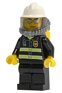 Firefighter Minifigure - Firefighter with reflective stripes, white fire helmet, silver sunglasses, black legs, and breathing neck gear with air tanks - cty0018