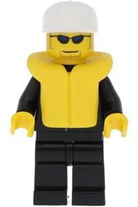 Police Officer Minifigure - Police minifigure in a City Suit with blue tie and badge, black legs, sunglasses, white cap, and a life jacket - cty0019