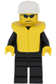 Police minifigure in a City Suit with blue tie and badge, black legs, sunglasses, white cap, and a life jacket - cty0019