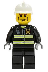 Firefighter Minifigure - Firefighter with white fire helmet, reflective stripes, black legs, cheek lines, and dark bluish gray hands - cty0020