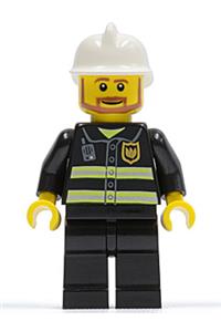 Firefighter Minifigure - Firefighter with black legs, wearing a white fire helmet and sporting a brown angular beard - cty0022
