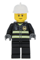 Firefighter with reflective stripes, black legs, white fire helmet, brown eyebrows, and a thin grin - cty0023