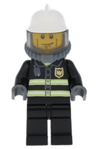 Firefighter Minifigure - Firefighter with black legs, wearing a white fire helmet and breathing neck gear with airtanks and reflective stripes - cty0024