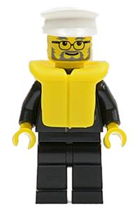 Police Officer Minifigure - Police officer wearing a city suit with blue tie and badge, black legs, white hat, and a life jacket - cty0025