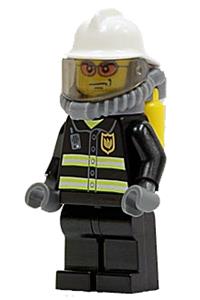 Firefighter Minifigure - Firefighter with a white fire helmet, breathing neck gear, orange glasses, reflective stripes, and black legs - cty0026