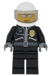 Police Officer Minifigure - City police officer wearing a white helmet with a trans-black visor, silver sunglasses, and a city leather jacket with a gold badge - cty0027