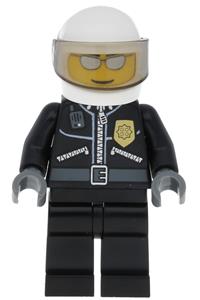 Police Officer Minifigure - City police officer with a leather jacket displaying a gold badge and 'POLICE', white helmet, trans-black visor, and silver sunglasses - cty0027a