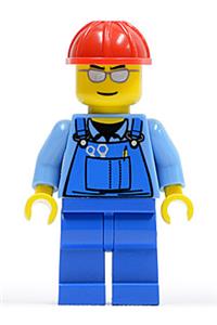 Worker Minifigure - Minifigure wearing blue overalls with tools in pocket, red construction helmet, and silver sunglasses - cty0029