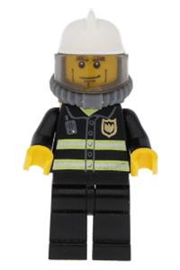 Firefighter Minifigure - Minifigure with white fire helmet, breathing neck gear, reflective stripes, black legs, and yellow hands - cty0030