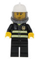 Minifigure with white fire helmet, breathing neck gear, reflective stripes, black legs, and yellow hands - cty0030