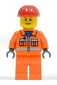 Construction Worker Minifigure - Construction worker wearing orange zipper with safety stripes, orange arms and legs, red construction helmet, brown eyebrows, and thin grin - cty0031
