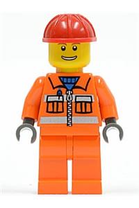 Construction Worker Minifigure - Construction worker with orange zipper, safety stripes, arms, and legs, wearing a red construction helmet, with eyebrows and a thin grin with teeth - cty0034