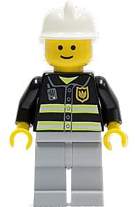 Firefighter Minifigure - Minifigure with reflective stripes, light bluish gray legs, white fire helmet, and a standard grin - cty0035