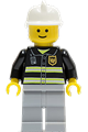 Minifigure with reflective stripes, light bluish gray legs, white fire helmet, and a standard grin - cty0035