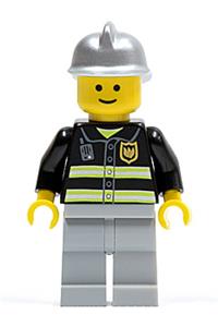 Firefighter Minifigure - Minifigure with light bluish gray legs and silver fire helmet, featuring reflective stripes and a standard grin - cty0036