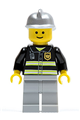 Minifigure with light bluish gray legs and silver fire helmet, featuring reflective stripes and a standard grin - cty0036