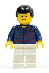 Male in Plaid Button Shirt - Minifigure wearing a plaid button shirt with white legs, black male hair, and a standard grin - cty0037